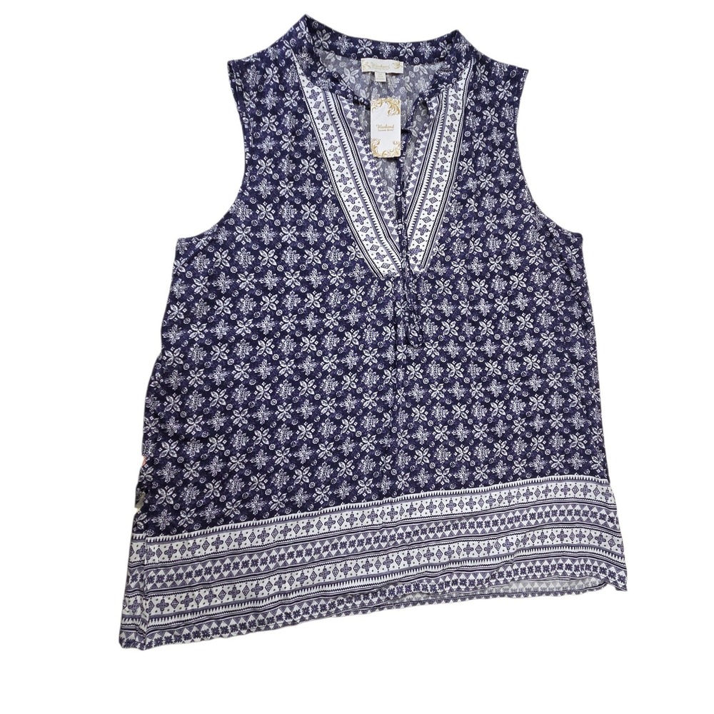 NEW Weekend‎ Suzanne Betro Blue Boho Medallion Sleeveless Top 2X Resort Beach